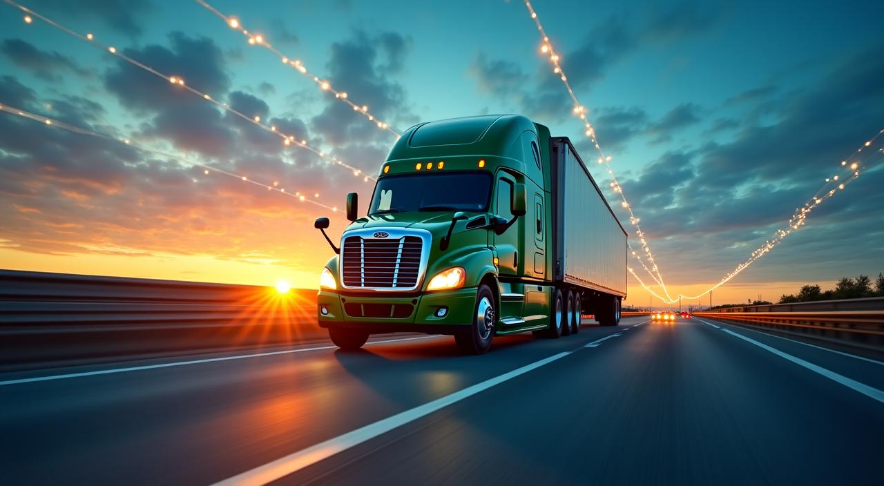 FENNESSEY DISTRIBUTION L.L.C. heavy haul truck moving at sunset with digital light trails