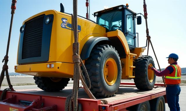 Large machinery being loaded onto a flatbed trailer