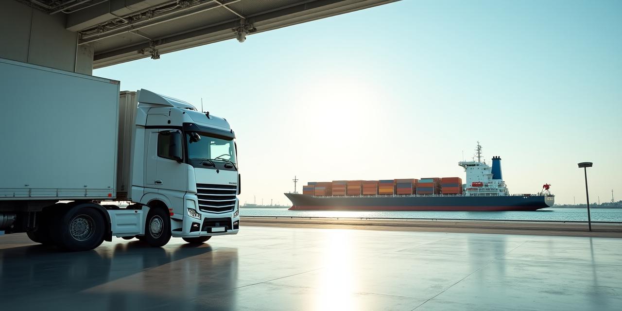 Global logistics network visualization with freight trucks and cargo vessels