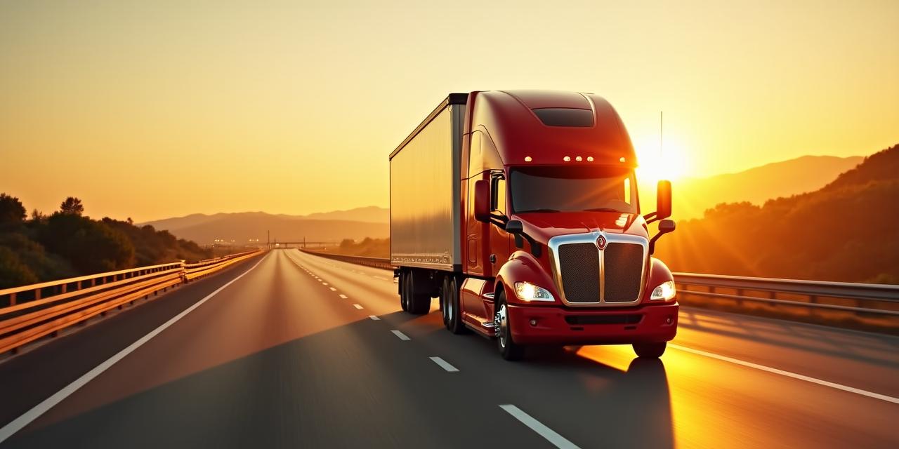 Modern logistics truck on a highway at sunset