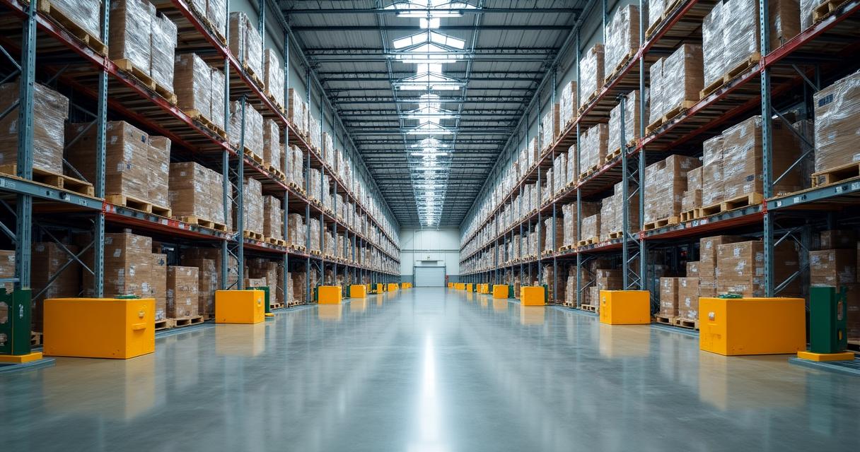 Large modern logistics warehouse with high-bay shelving